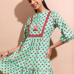 Vishudh Green Floral Printed Tie Up Neck Mini A-Line Dress-picture-7