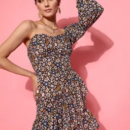STREET 9 Women Black Floral Print One Shoulder Crepe Blouson Dress-image-33