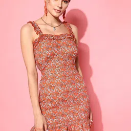 STREET 9 Women Orange Printed Floral Crepe Sheath Ruffle Dress-picture-32