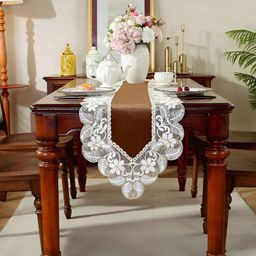 MONKDECOR Brown & White Embroidered Table Runner-picture-32