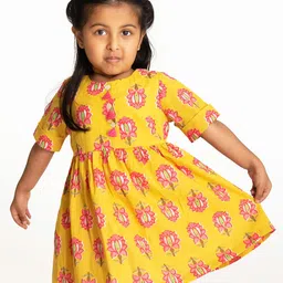Campana Floral Printed Gathered Or Pleated Cotton Fit & Flare Dress-picture-20