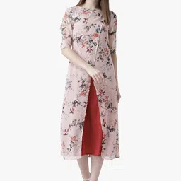 DODO & MOA Women Peach-Coloured & Red Floral Georgette A-Line Midi Dress-picture-14