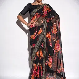Kalista Black & Pink Floral Printed Embroidered Pure Georgette Saree-image-51
