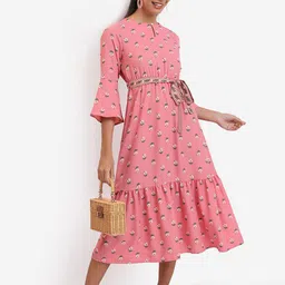 Vishudh Pink Floral Printed Keyhole Neck A-Line Midi Dress With Belt-picture-7