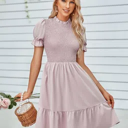 StyleCast Mauve Round Neck Puff Sleeve Smocked Tiered Fit & Flare Dress-picture-0