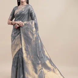 HERE&NOW Grey & Gold-Toned Paisley Woven Design Zari Banarasi Saree-picture-15