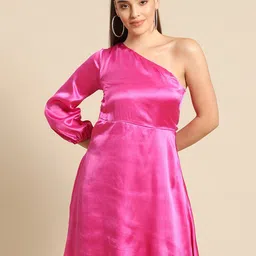 DODO & MOA Women Pink One Shoulder Satin Dress-picture-39