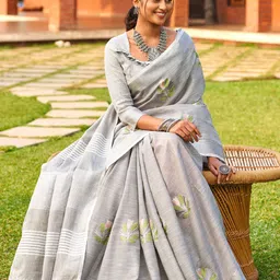 Ishin Floral Embroidered Zari Pure Linen Saree-picture-26