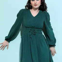 Basics By Tokyo Talkies Green Self Design Puff Sleeves Tie-Up Detail Fit & Flare Dress-image-14