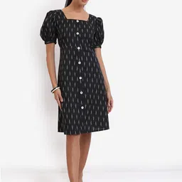 Vishudh Black Ethnic Motifs Printed Square Neck Midi A-Line Dress-picture-9