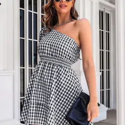 StyleCast Black Checked One Shoulder Dress-image-72