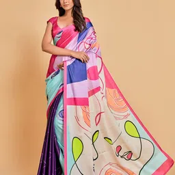 Sangria Pink & Blue Abstract Printed Satin Saree-image-97