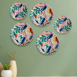 nestroots Green & Pink 5 Pieces Floral Printed Ceramic Wall Plates-picture-15