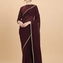 Inddus Women Wine Embroidered Georgette Saree with Net Blouse Piece-picture-7