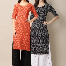 7threads KALINI Women Pack of 2 Red & Black Digital Printed Crepe Straight Kurtas image 1