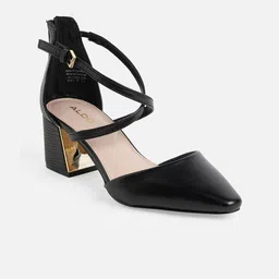 ALDO Black Leather Block Sandals with Buckles Heels-picture-13