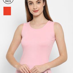 Floret Women Pack Of 2 Pink & Orange Solid Cotton Camisoles-picture-12