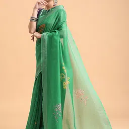 Sangria Green & Orange Floral Jaali Pure Linen Saree-picture-26