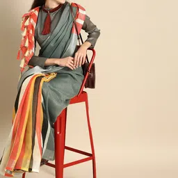 Sangria Grey & White Striped Pure Linen Saree-picture-17