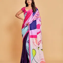 Sangria Pink & Blue Abstract Printed Satin Saree image 5