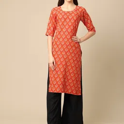 7threads KALINI Women Pack of 2 Brown & Orange Geometric Printed Crepe Kurta image 2