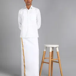 AK handloom Trendy & Traditional White Golden Zari Border Dhoti(size-122cm W 225cm L) Striped, Solid Men Dhoti-picture-16