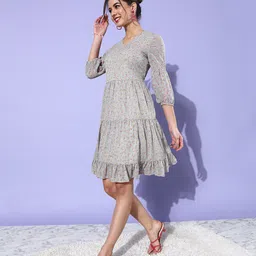 DODO & MOA V-Neck Floral Printed Tiered Georgette A-Line Dress image 2