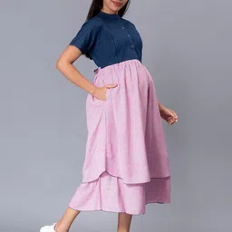 NIGHTSPREE Printed Crepe Maternity Fit & Flare Denim Midi Dress image 5