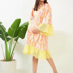 The Kaftan Company Maternity Printed Bell Sleeves Lace-Up Detail Cotton A-Line Dress image 4