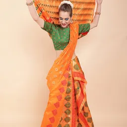 Sangria Orange & Green Woven Design Zari Silk Blend Muga Saree image 3