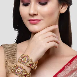 KARATCART Set Of 2 Gold-Plated Pink Kundan-Studded Bangles image 3