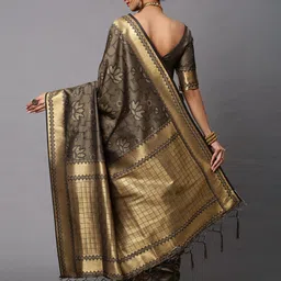 Mitera Olive Green & Gold-Toned Floral Zari Silk Cotton Banarasi Saree image 4