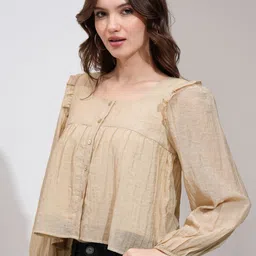 tokyo talkies Casual Bishop Sleeve Solid Women Beige Top image 4