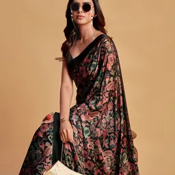 Sangria Charcoal & Pink Floral Printed Satin Saree-picture-29