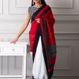 shivanya  handicrafts Shivanya Handicrafts Colourblocked Pure Cotton Half and Half Block Print Saree image 3