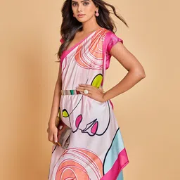 Sangria Pink & Blue Abstract Printed Satin Saree image 3