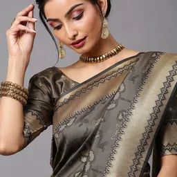 Mitera Olive Green & Gold-Toned Floral Zari Silk Cotton Banarasi Saree image 2