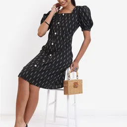 Vishudh Black Ethnic Motifs Printed Square Neck Midi A-Line Dress image 5