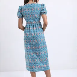 Vishudh Turquoise Blue Ethnic Motifs Printed Square Neck Midi A-Line Dress image 2