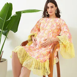 The Kaftan Company Maternity Printed Bell Sleeves Lace-Up Detail Cotton A-Line Dress image 5