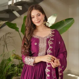 om creation Embroidered Georgette Stitched Anarkali Gown image 2