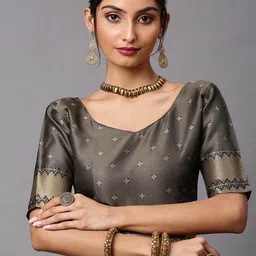 Mitera Olive Green & Gold-Toned Floral Zari Silk Cotton Banarasi Saree image 5