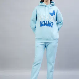 DELAN Women Blue & White Printed Fleece Hooded Sweatshirt image 2