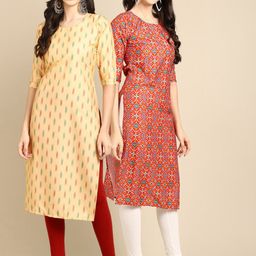 7threads KALINI PACK OF 2 Women Ethnic Motifs Printed Block Print Handloom Crepe Kurta-picture-32