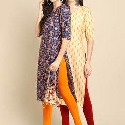 7threads KALINI Women Pack Of 2 Blue & Yellow Geometric Printed Crepe Kurta-picture-43