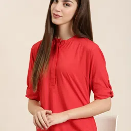 SHOWOFF Mandarin Collar Roll-Up Sleeves Kurta-image-4