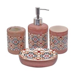 Kookee Peach & Blue 4 Pieces Floral Printed Contemporary Ceramic Bath Accessories Set-picture-28