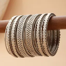 Jazz and Sizzle Set Of 18 Silver-Plated Oxidised Textured Bangles image 1