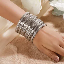 Jazz and Sizzle Set Of 18 Silver-Plated Oxidised Textured Bangles image 5