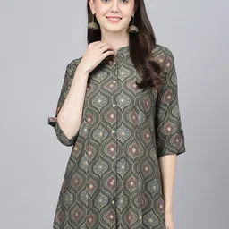 KALINI Ethnic Motifs Printed Mandarin Collar Roll-Up Sleeves Longline Shirt Style Top-picture-49